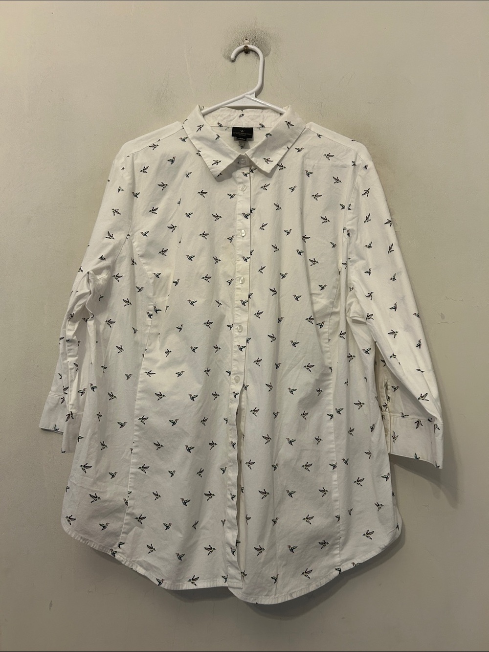 Worthington white 3/4 length sleeve blouse with Bird Print Size 3X EUC